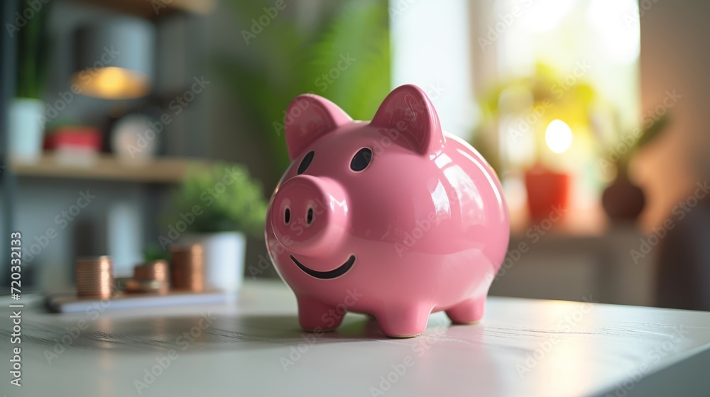 Pink piggy bank on a white desk symbolizing savings and financial planning. Pink piggy bank on a white desk symbolizing savings and financial planning.