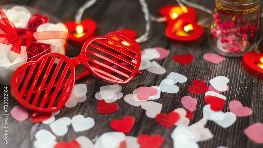 Valentines hearts postcard. Paper flying elements on wooden background. Symbols of love in shape of heart for Happy Women's, Mother's, Valentine's Day, birthday greeting card design. Valentines hearts postcard. Paper flying elements on wooden background. Symbols of love in shape of heart for Happy Women's, Mother's, Valentine's Day, birthday greeting card design.