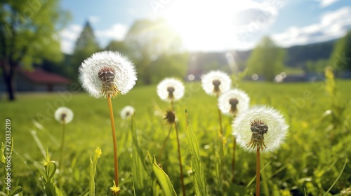 Dandelion Meadow. White dandelions illuminated by the evening sun  blurred background  Sunset or sunrise.