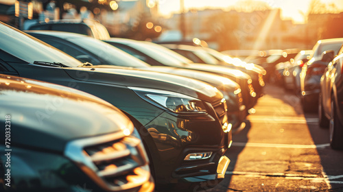 Car parked at outdoor parking lot. Used car for sale and rental service. Car insurance background. Automobile parking area. Car dealership and dealer agent concept. Automotive industry.