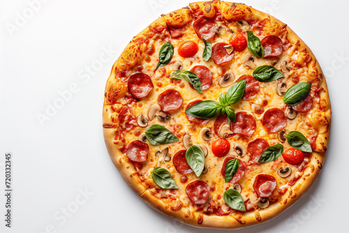 Round pizza on a white background, top view.