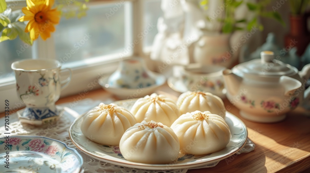 A cozy home kitchen setting where homemade steamed buns are served with tea. A cozy home kitchen setting where homemade steamed buns are served with tea.