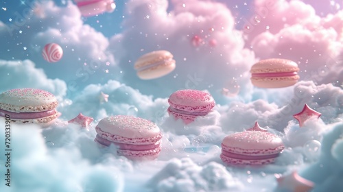 Dreamy floating macarons in a whimsical candy cloud landscape. photo