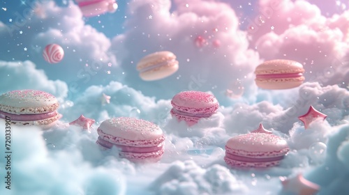 Dreamy floating macarons in a whimsical candy cloud landscape.