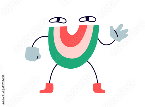 Funny comic fiction character. Cute happy smiling rainbow, greeting, waving with hand. Creative whimsical amusing creature. Kids flat graphic cartoon vector illustration isolated on white background