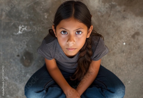 Young Girl Sitting on Ground With Hands on Knees