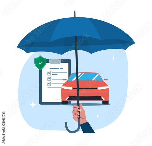 Hand holding an umbrella over a car. Car insurance concept. Vector illustration.