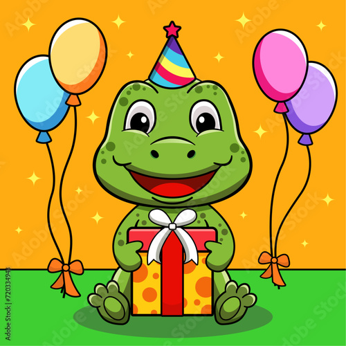 vector illustration a cute orange dinosaur and gift box. Birthday celebration. Character in cartoon style