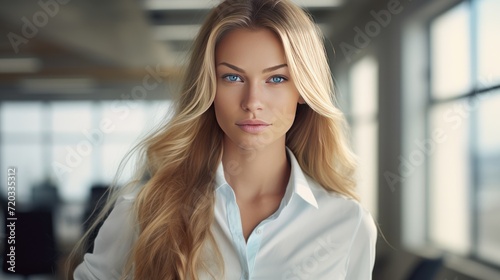 Portrait of businesswoman with long blond hair. Confident female 
