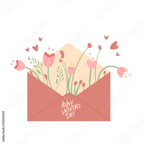 Envelope with flowers bouquet. Happy Valentines day. Spring elements set isolated on white background. Vector illustration
