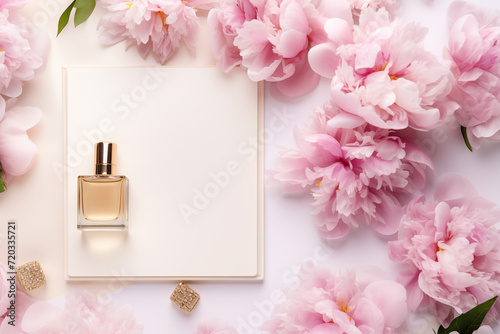 Flat Lay Composition with Pink Blossoms. Overhead view of perfume bottle among pink peonies on a flat lay composition, ideal for beauty and romantic themes.