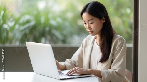 young asian girl woman happy and success holding computer laptop s © CStock