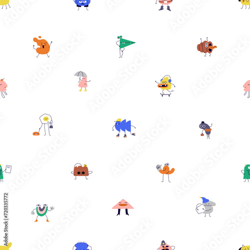 Funny characters, seamless pattern. Cute comic fancy cartoon shapes, repeatin...