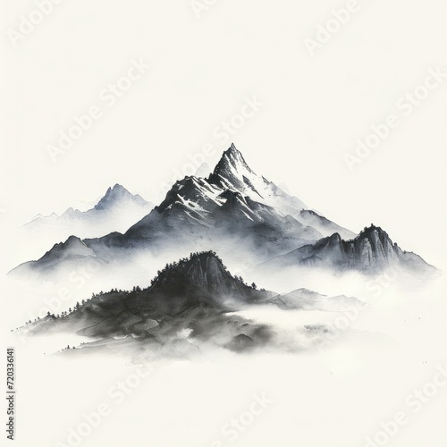 black and white watercolor of Chinese mountain