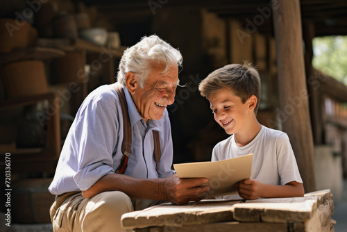 the grandson shows his grandfather something on paper and they both enjoy the communication process