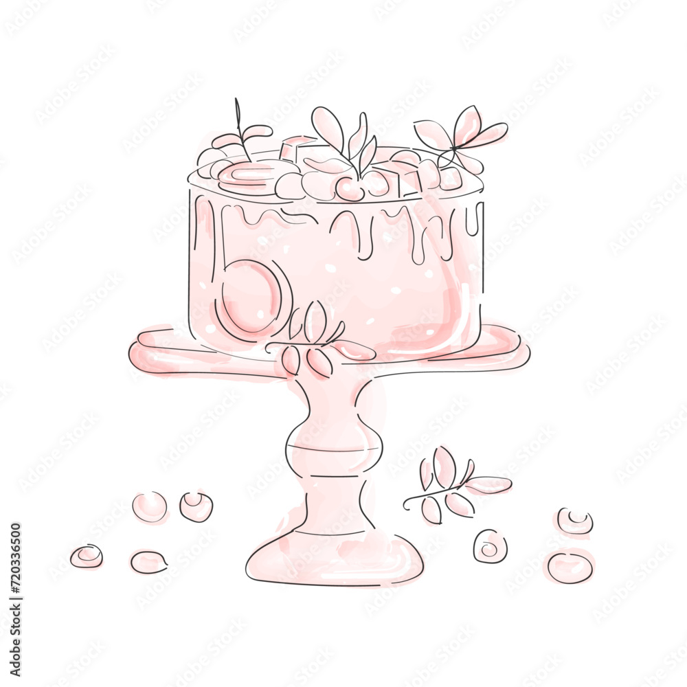 wedding cake in doodle style, pink cake with fruits, watercolor cake, cake with cherry wedding cake in doodle style, pink cake with fruits, watercolor cake, cake with cherry
