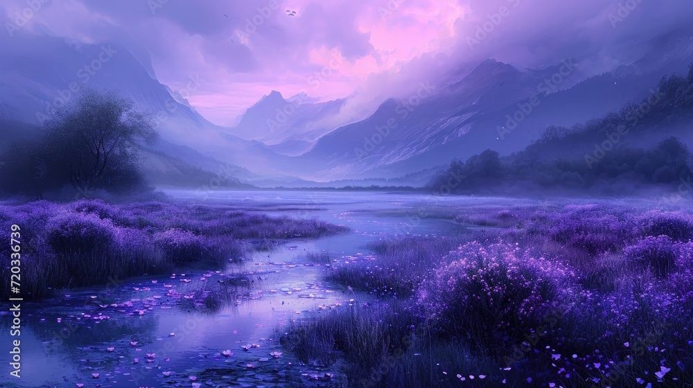 Fototapeta premium purple, blue, haze, far field, clouds, mountains, lakes