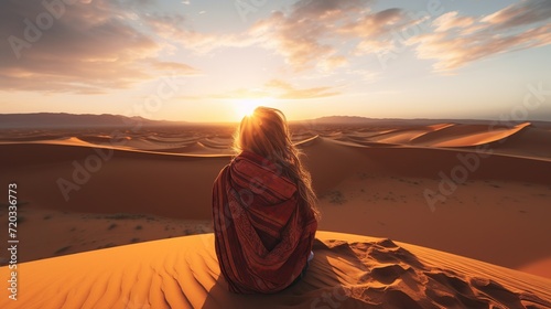 Sexy woman walking in the desert.Beautiful view on the mountain at sunset. Amazing sand dunes. Golden sand waves. Natural safari panorama. Unique journey.