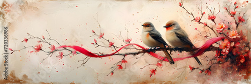 two birds on a branch decorated with a red ribbon, watercolor
