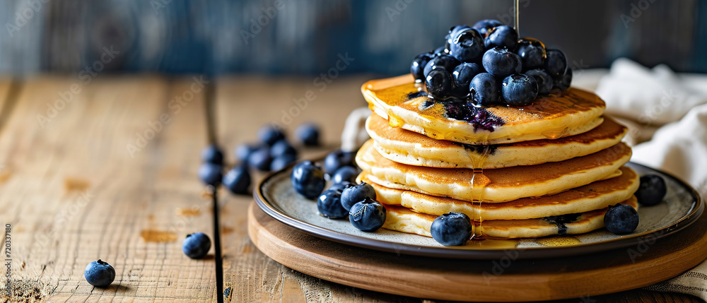 fluffy blueberry pancakes, with empty copy space, food advertising, professional food photography	