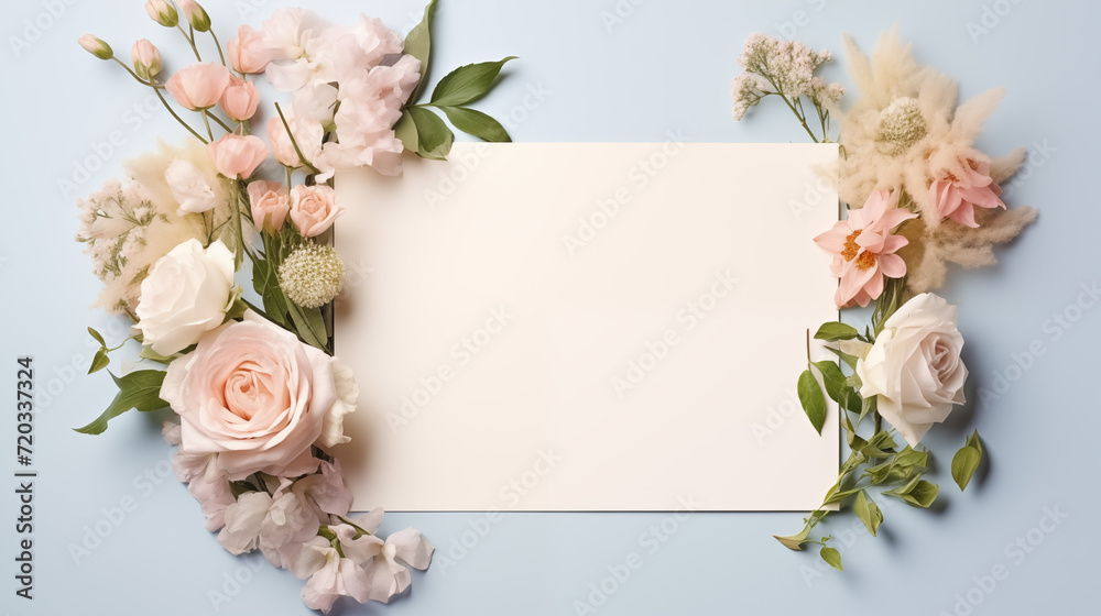 Top View Elegant Floral Card Invitation. Top view of elegant floral arrangement with blank card, ideal for wedding invitations. Top View Elegant Floral Card Invitation. Top view of elegant floral arrangement with blank card, ideal for wedding invitations.