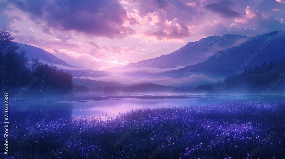 purple, blue, haze, far field, clouds, mountains, lakes