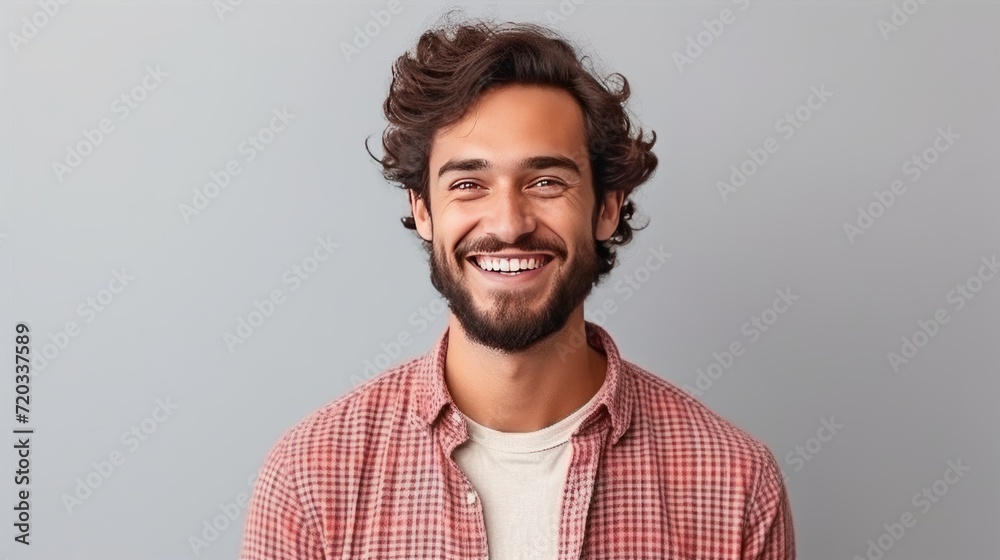 Smiling young bearded guy 20s in casual shirt posing Smiling young bearded guy 20s in casual shirt posing