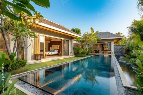 home or house building Exterior and interior design showing tropical pool villa with green garden and bedroom © Amer
