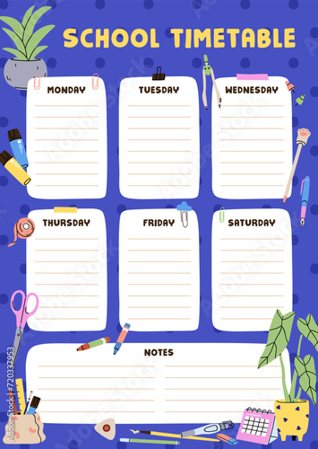 School timetable design. Every day lessons schedule template. Blank education...