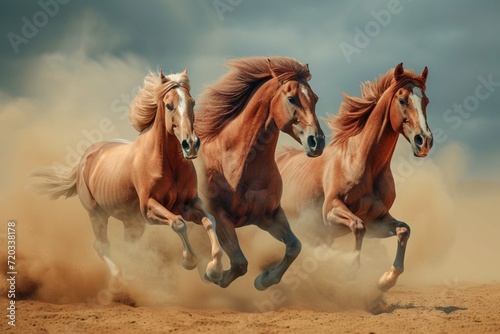 Horses with long mane portrait run gallop in desert dust © Amer
