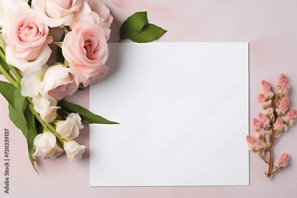 Top View Floral Composition with Blank Space. Top view of pink roses and blank paper for invitations or greetings.