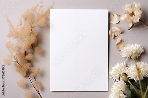 Top View Minimalist Floral Invitation Mockup. Top view of a blank card with white flowers and dried plants, ideal for event invitations.
