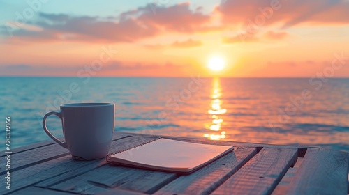 Serene seaside morning with coffee and a notebook © Omtuanmuda