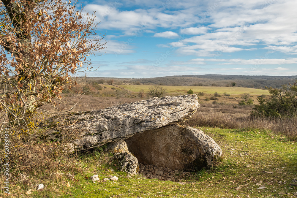 Dolmen de Mages, an ancient prehistoric burial chamber near the medieval city of Rocamadour in the Lot region of France