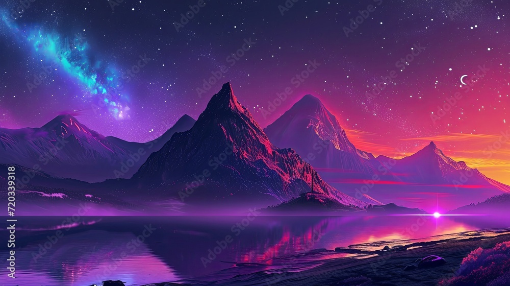 Purple mountain landscape with a blue sky, in the style of digital fantasy landscapes, the stars art group, 32k uhd, magenta and amber, calm waters, romantic landscapes, colorful landscapes.