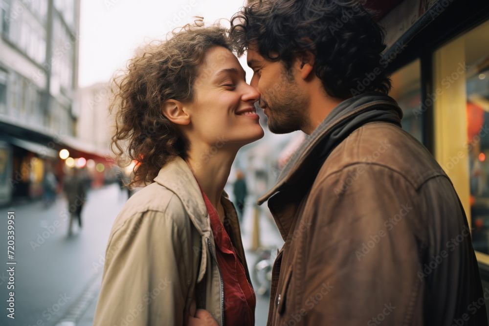 kiss and hug of a young couple on the street kiss and hug of a young couple on the street