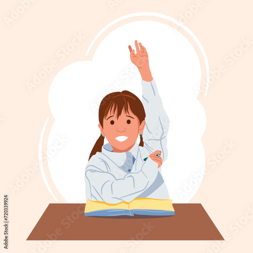 Schoolgirl Character Stretches Her Hand In Class, Eagerly Raising It To Answer A Question Or Seek The Teacher Attention, Demonstrating Her Active Engagement For Learning. Vector Illustration
