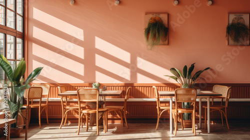 Warm Bali sunlight cafe interior with Peach Fuzz color walls, maximalist design