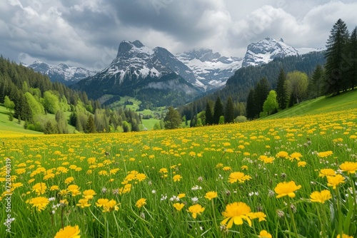 Idyllic mountain landscape in the Alps with blooming meadows in springtime © Amer