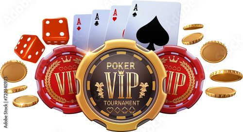 A gambling design advertising an exclusive V.I.P. poker game tournament. 3D illustration featuring poker chips, four aces cards, red dice, and flying gold coins.