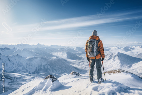 male climber on top of snowy mountain