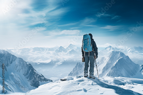 male climber on top of snowy mountain