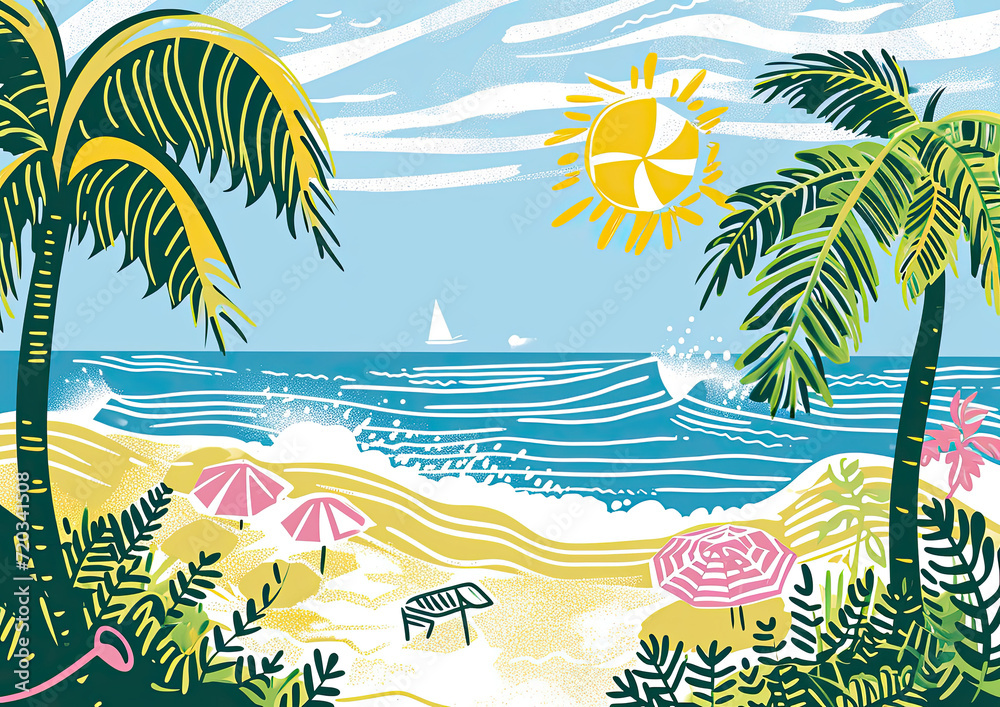 Doodle ocean beach with tropical palms, summer holiday vacations postcard