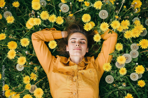 Mixed race woman laying in green grass with flowers. People fatigue from work. Summer sleeping and relaxation techniques. Vitamin D sunbathing. Female power nap with eye closed. Rest after home