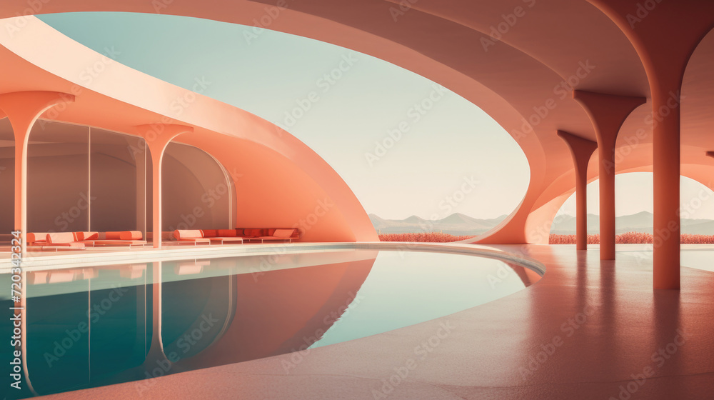 Obraz premium Coastal architecture with Peach Fuzz color Walls, minimalist background