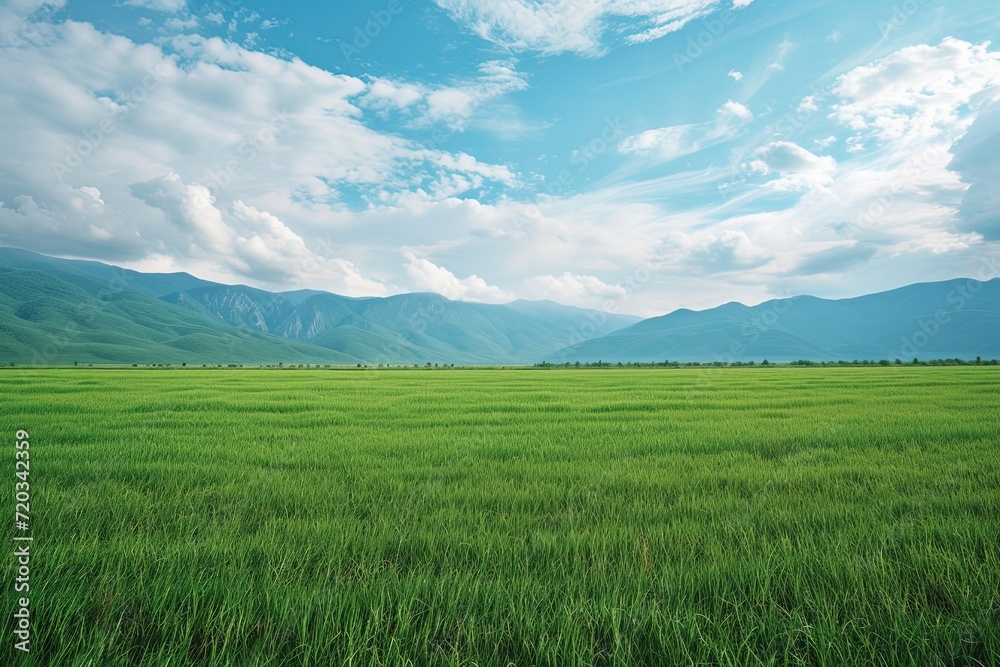 empty landscape gren field with mountain background