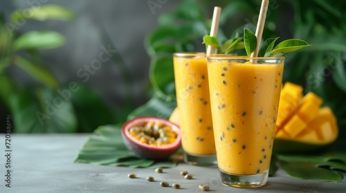 Creamy golden mango and passionfruit smoothies in chilled glasses. photo