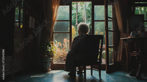 Elderly lady sitting alone in her old house. Loneliness for older people living by themselves.
