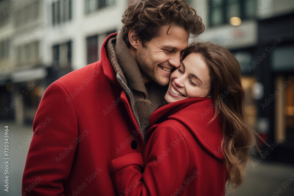 Fototapeta premium Cute Caucasian Couple Enjoying Sunny Summer Day, Embracing and Smiling Happily in the Park
