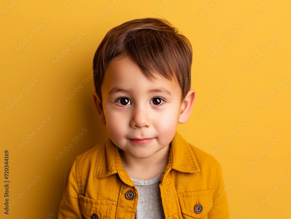 Little Boy Standing in Front of a Yellow Wall Little Boy Standing in Front of a Yellow Wall